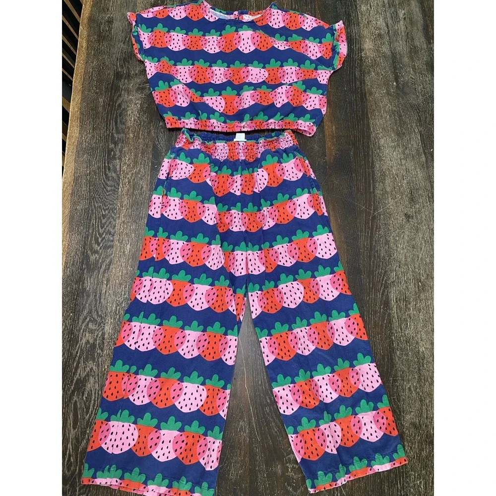 2PC Hanna Andersson Cropped Top & Wide Leg Pant Set Strawberry 12